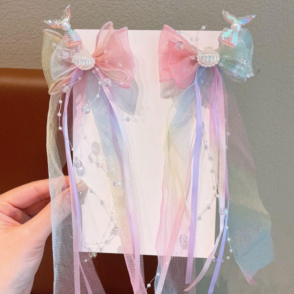 Mermaid Bow Hair Clips Princess Barretes New Ribbons Hairpin  for Kids