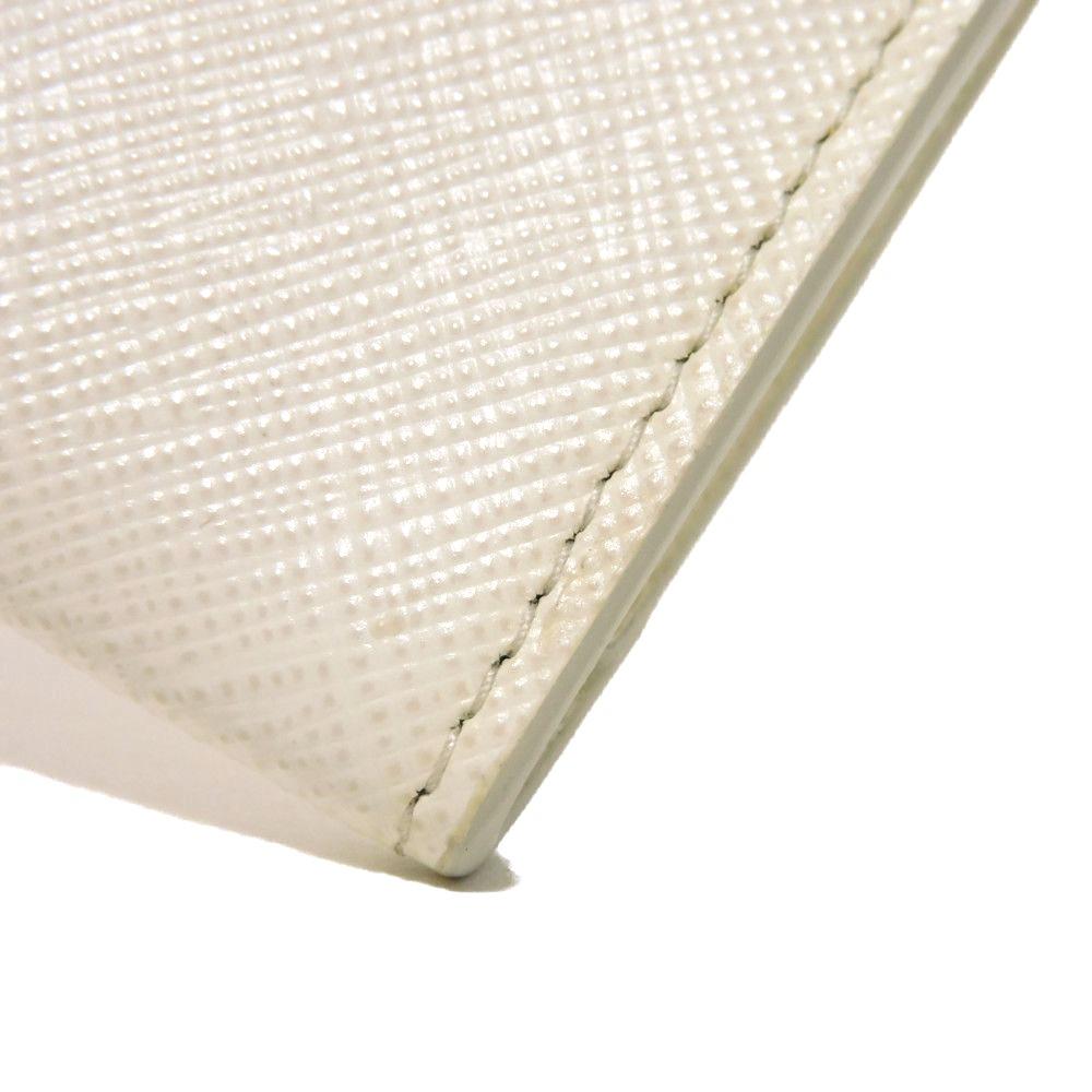 Used 11569 Saffiano Triangle Card Holder 1MC110 QHH F0009 7946 Current Calfskin White Bifold RFID Logo Bianco Unisex