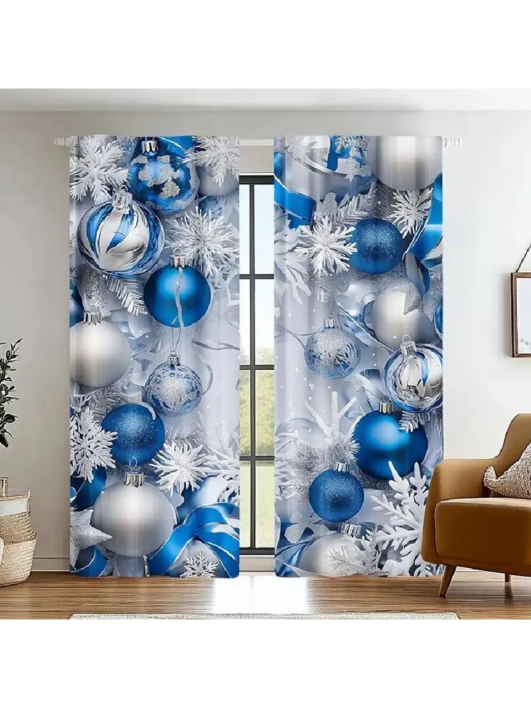 2pcs Elegant Blue Silver Christmas Ornament & Snowflake Pattern Curtains, Designed for Light Blocking, Premium Material, Suitabl