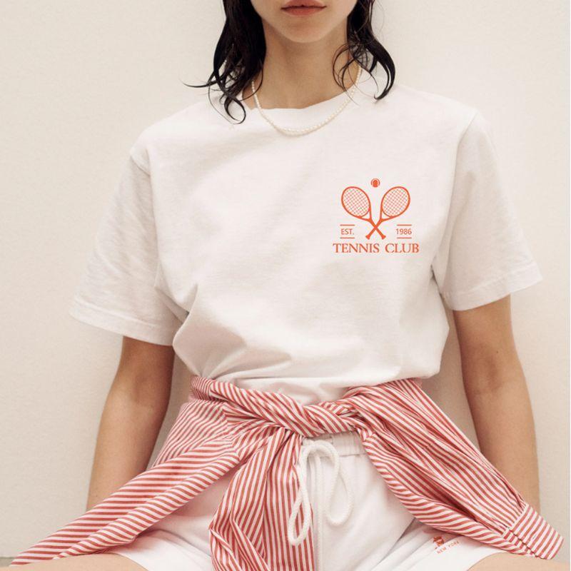 Tennis Club Niche Design Tennis Rackets Print Letter Cotton Basic All-Matching Shoulder Short Sleeve T-shirt for Women
