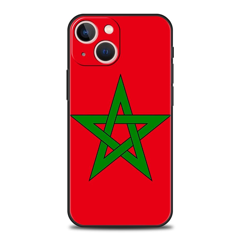Morocco Flag Soccer Luxury Protection Soft Phone Case For iPhone 13 15 14 12 11 Pro MAX XR X SE XS 7 8 Plus Black Full Cover