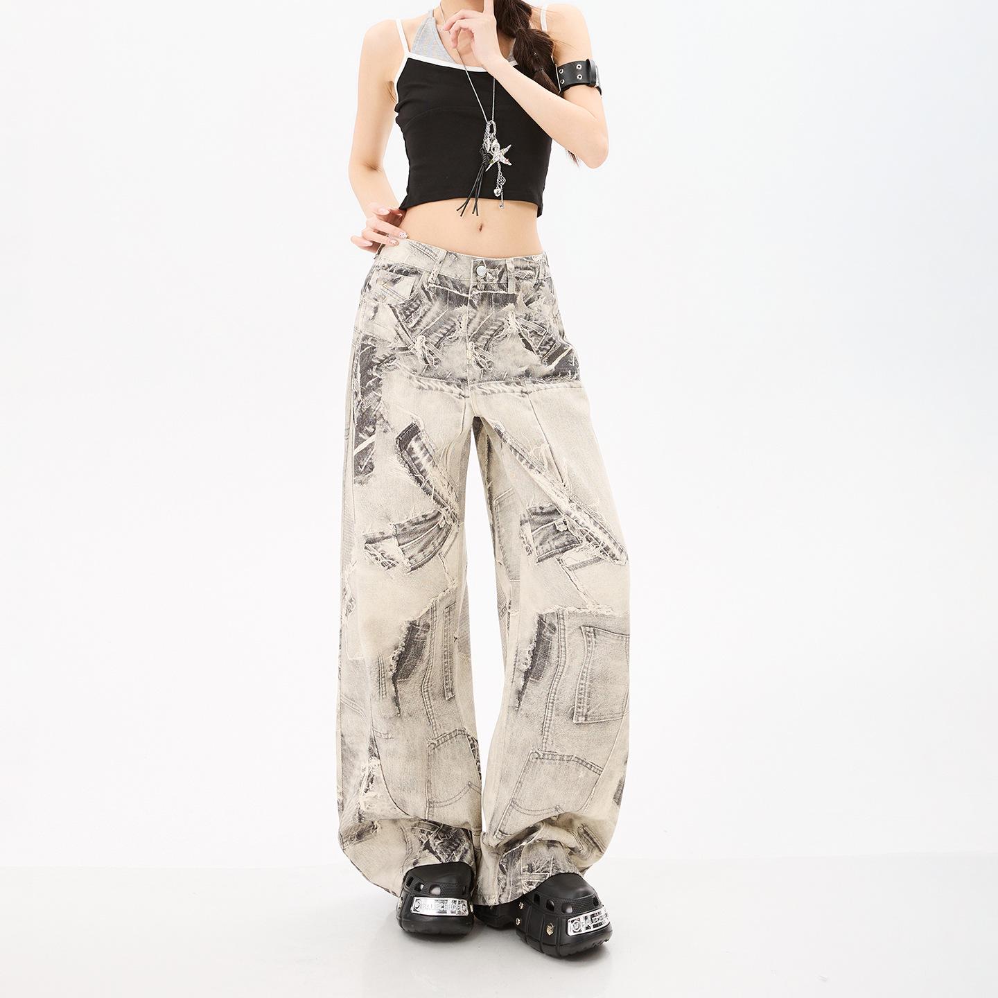 Y2K Trendy Wide-Leg Distressed High-Waist Slimming Denim Jeans M