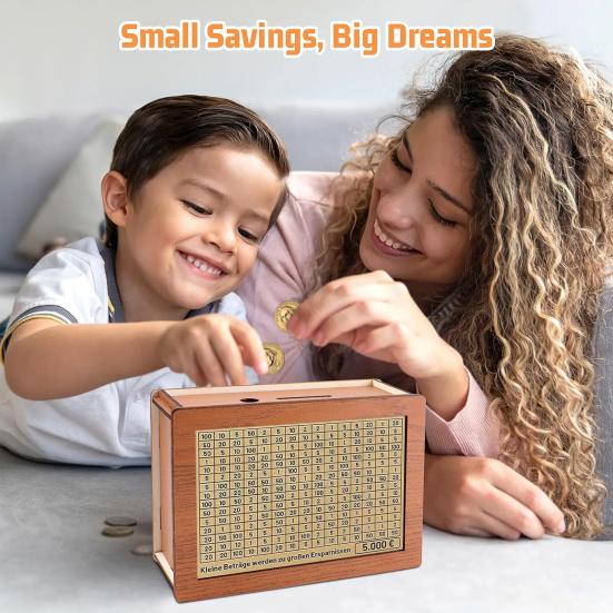 Wood Money Box with Counter Target Number Sticker Large Capacity Piggy Bank Coin Cash Container Kids Adults Money Saving Case Jar Christmas Gift