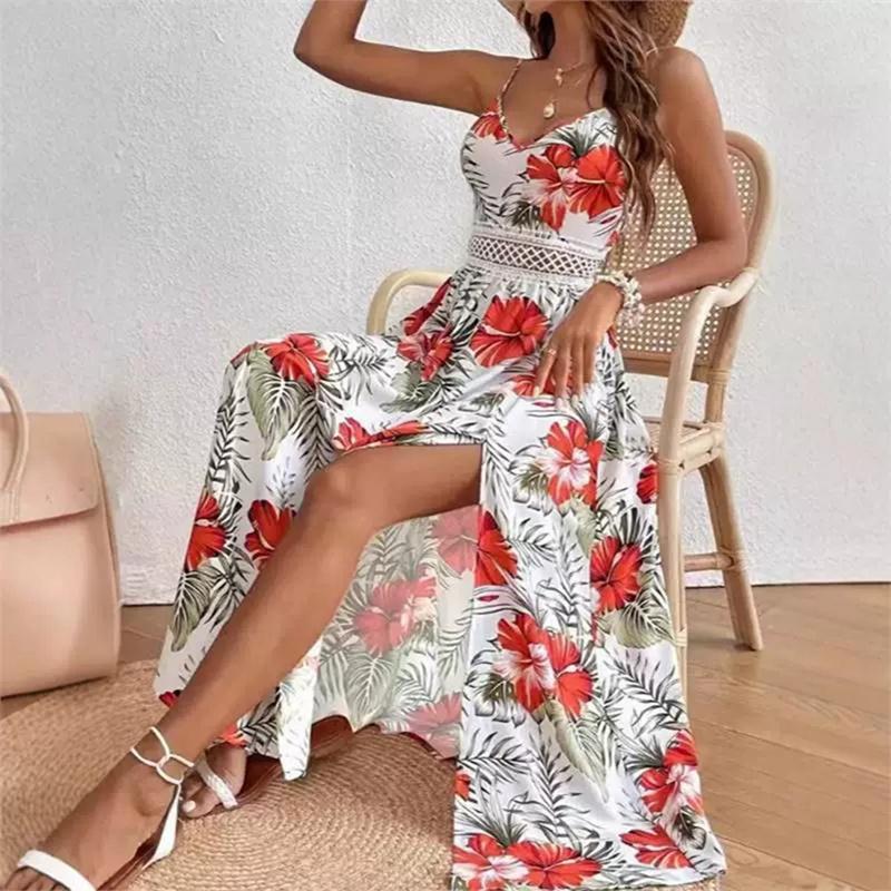 Women Summer V-Neck Elegant Print Resort Style Dress Slip Long Dress