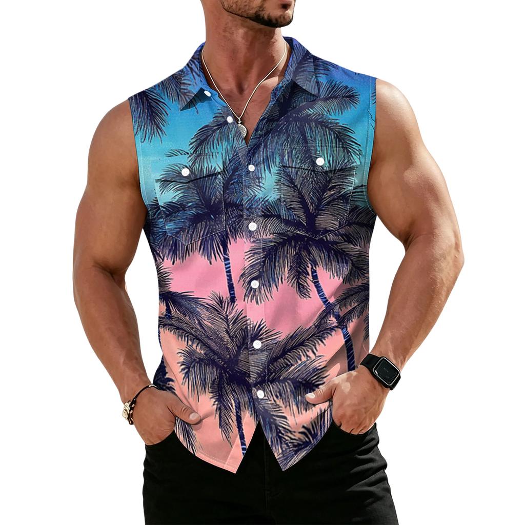 Men's Workwear Lapel Button-Down Vest Shirt - Lightweight Sleeveless Top