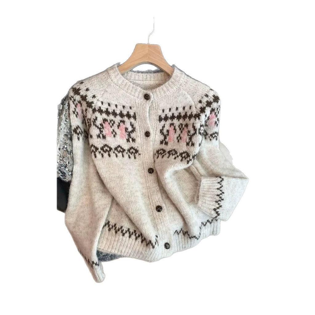 Korean Retro Women's Fair Isle Cardigan - Soft, Fluffy, Autumn/Winter Knit Sweater