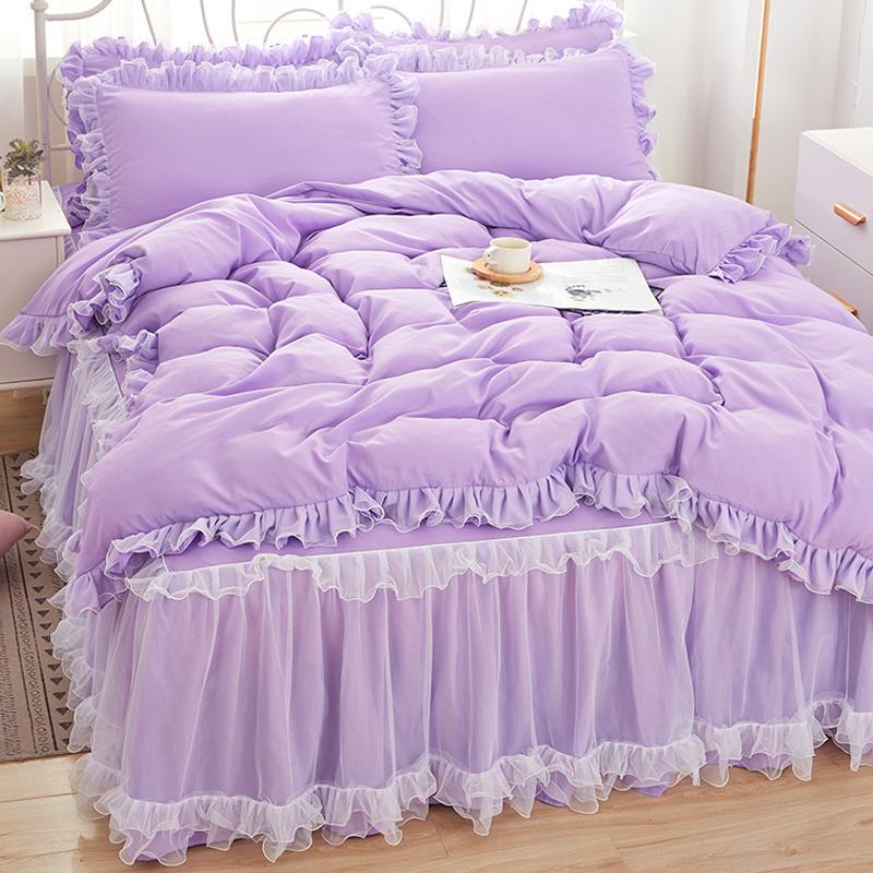Princess Girl Pink Bedding Skirt Sheet With Lace Korean Solid Color Bed Cover Pillowcase Decor Bedroom Wedding Couple Bedclothes
