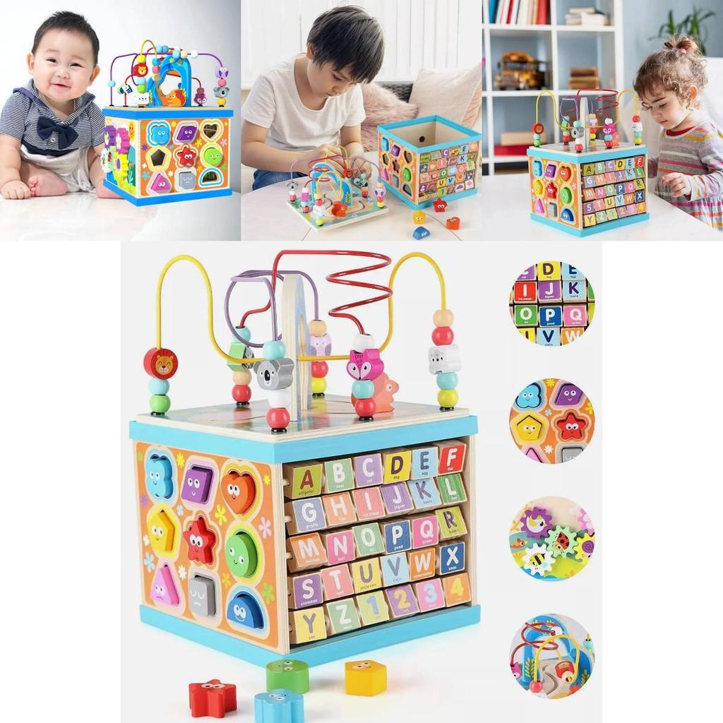 Large Wooden Multifunctional Educational Bead Box For Kids With Shape Sorting And Sensory Play Features