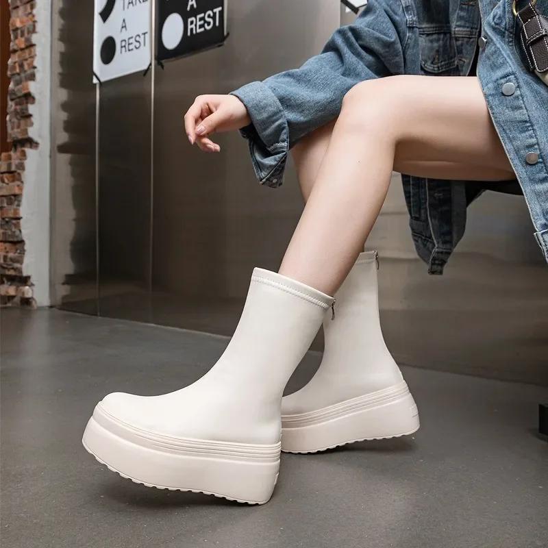 Fashion 8CM 2025 Microfiber Leather Women Vulcanized High Heels White Shoes ZIP Increase Casual Ankle Boots Platform Wedge Shoes