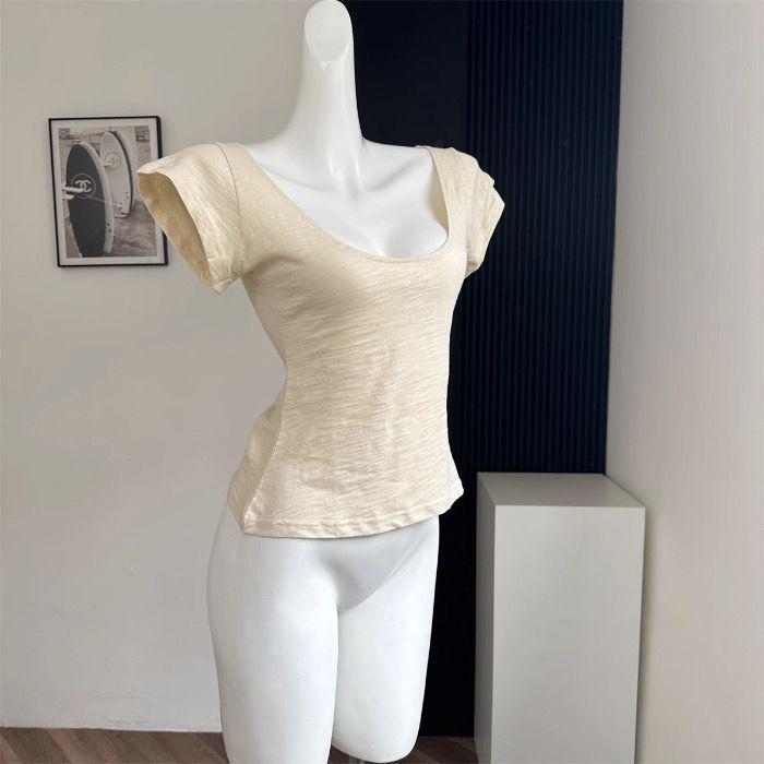 Różowy Bawełniany T-shirt Damski z Krótkim Rękawem z Dekoltem U - Letni Styl Koreański