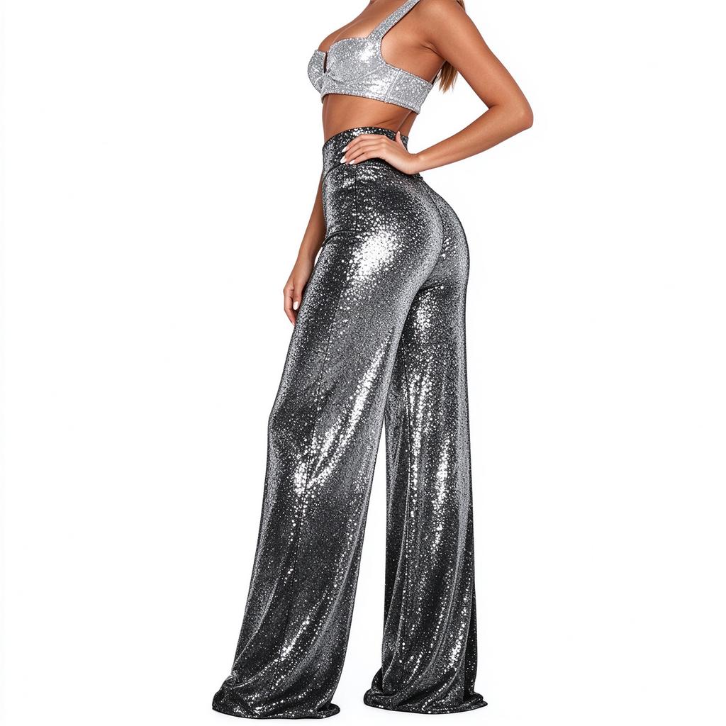 Women's High Waisted Wide Leg Pants with Foil Color Casual Trousers for Everyday Wear