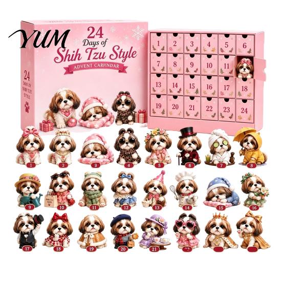 Interaktives Feiertagsspiel Shih Tzu Adventskalender, 24-Tage Countdown Spielzeug-Set mit Mini-Hundefamilie zu Weihnachtsfiguren, Baumhänge-Dekoration, Geschenk