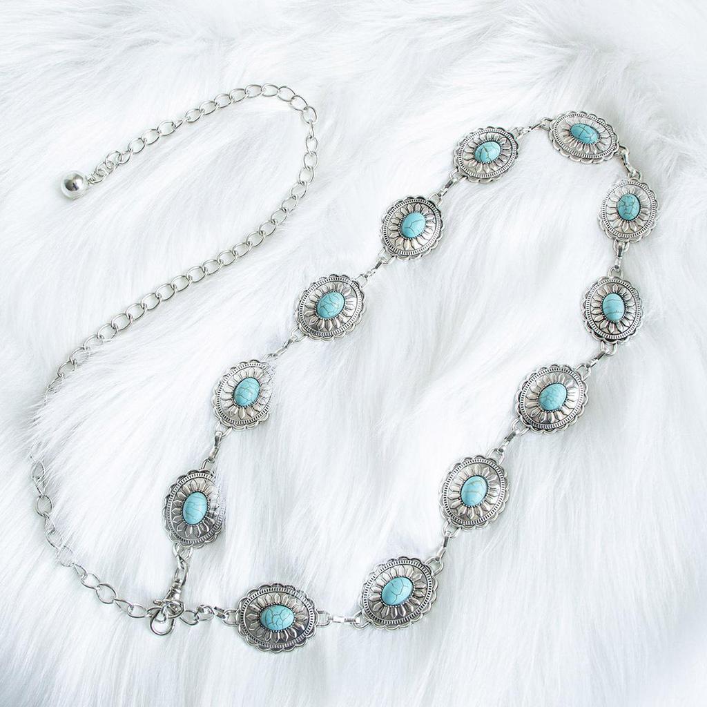 New Retro Turquoise Bohemian Metal Waist Chain for Women Elegant Exquisite Fashionable Waist Chain Belt