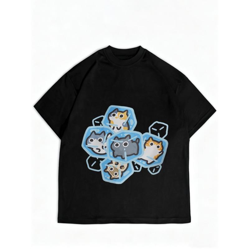 Cute Cat Print T Shirt Black Cartoon Cats Design Casual Wear for Women Everyday Outfits Summer Fashion Top Comfortable Loose Fit Style