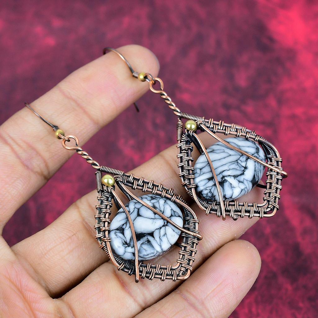 Pinolith Jasper Earring Copper Wire Wrapped Gemstone Jewelry Copper Handmade Earring Designer Jewelry Gifts for Mom Wire Wrap Dangle Earring
