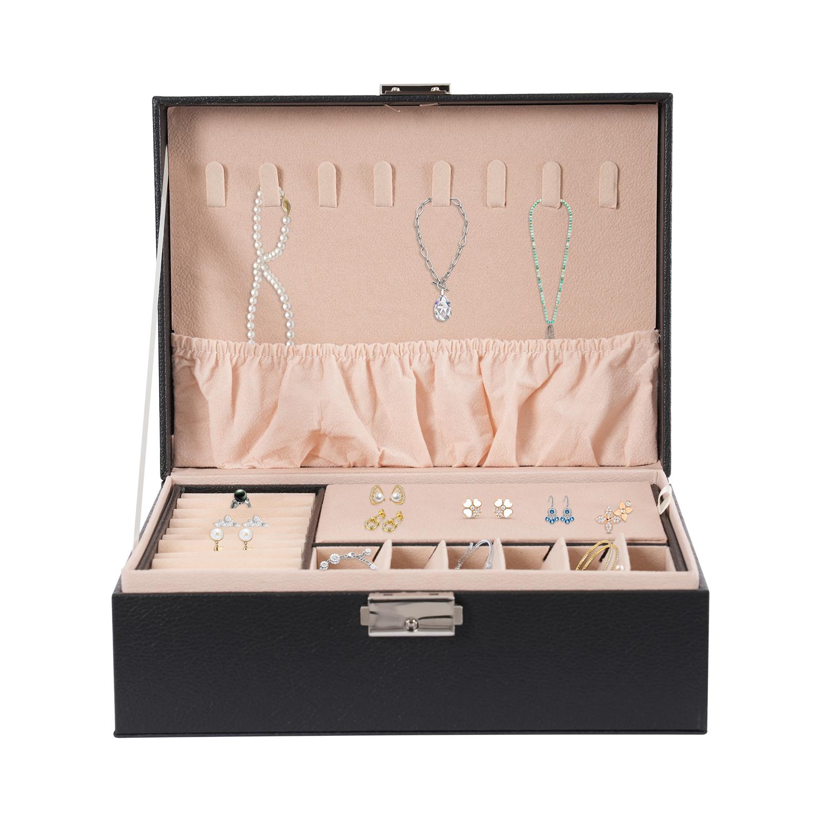 

Маленькая шкатулка для украшений, органайзер для хранения ожерелий и колец, двухслойная дорожная шкатулка, идеальный подарок для хранения колец, серег, браслетов чёрный