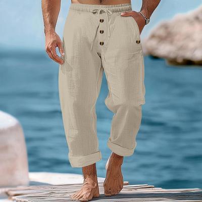 Fashion Men's Solid Colour Cotton Linen Loose Drawstring Button Casual Trousers Man
