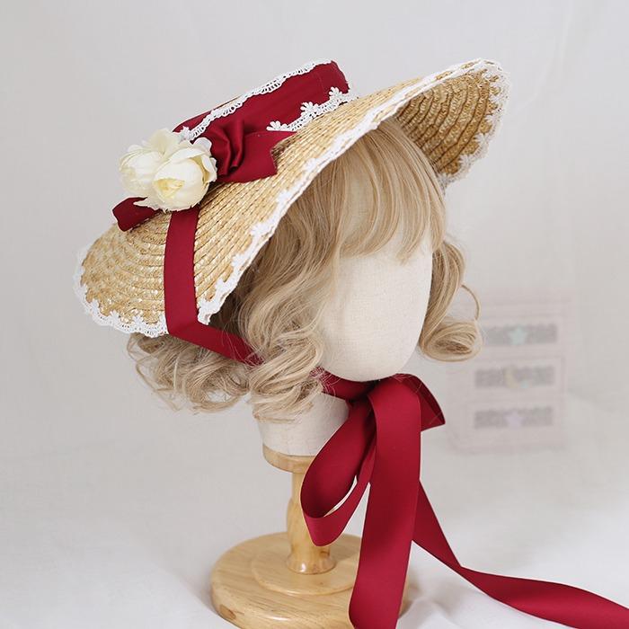 Handmade Elegant Flowers Straw Hat Multi Colored Bonnet Flat Hat Lolita Cosplay Ribbon Straw French Hat for Beach Vacation