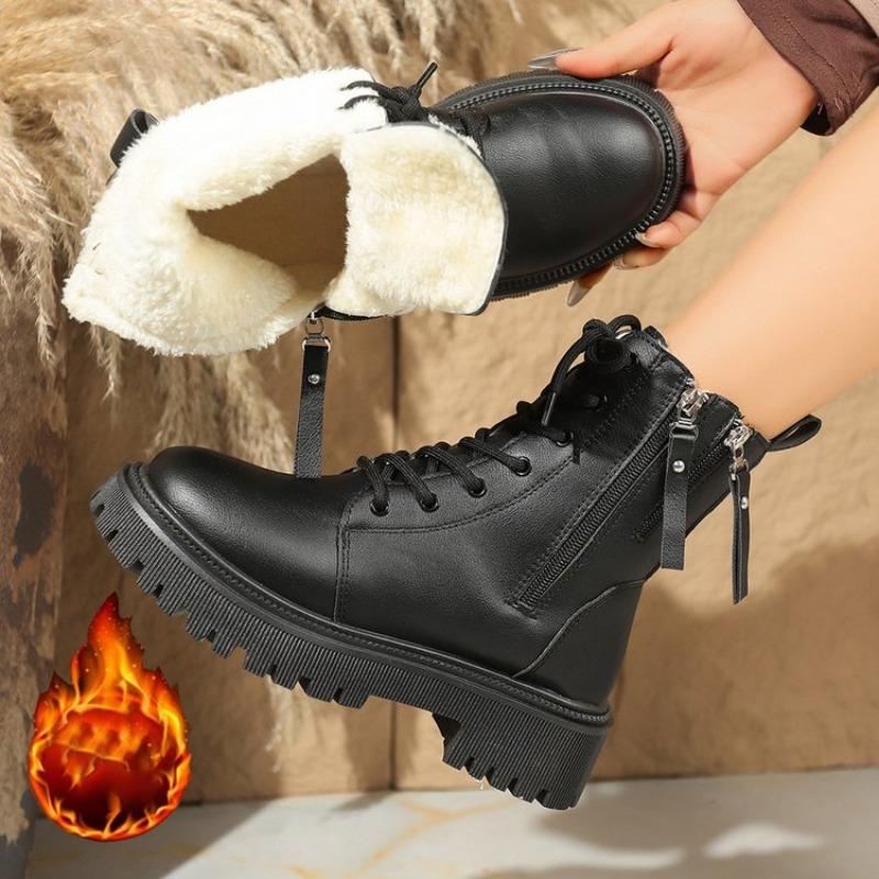 Fashion Women Boots Thick Warm Long Plush Ankle Boots Women Winter Lace Up Leather Motorcycle Boots Plus Size Comfortable Shoes Women