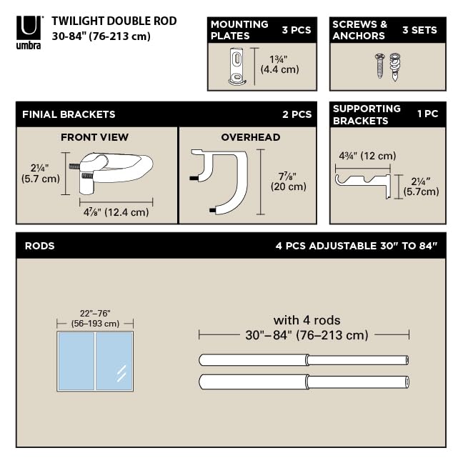Official Umbra Twilight Double Curtain Nickel Rod, 76-223cm,