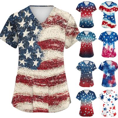 Women's Fashion V-neck Short Sleeve Workwear With Pockets Independence Day Printed Tops