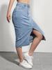 Puffanpop Women's High Waisted Stretchy Denim Midi Skirt - Light Wash Split Front Casual Summer Skirt for Women