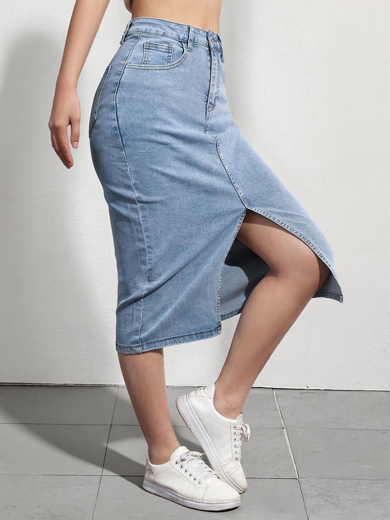 Puffanpop Women's High Waisted Stretchy Denim Midi Skirt - Light Wash Split Front Casual Summer Skirt for Women