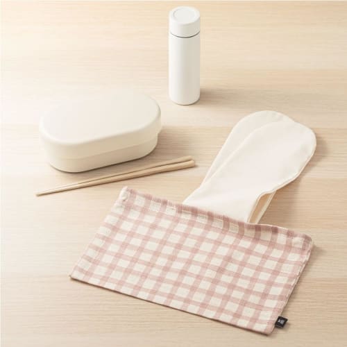 &NE Bento Bag with Ribbon, Linen-Like Check, Pink, 28cm W x 18cm H, Ribbon Length 23cm, Made in Japan, 100% Cotton, No Gusset, Quick Drying, Simple, C