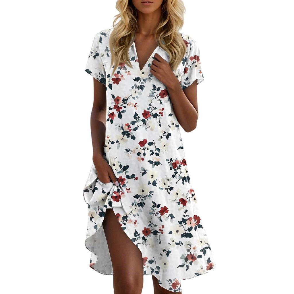 Damen Freizeitmode Revers Blumenmuster Kleid Kurzarm V-Ausschnitt Kurzer Rock