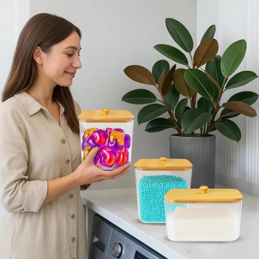 Laundry Pods Container and Dryer Sheet Holder Set, Clear Laundry Room Organization Containers with Bamboo Lids, Scoops for Pods