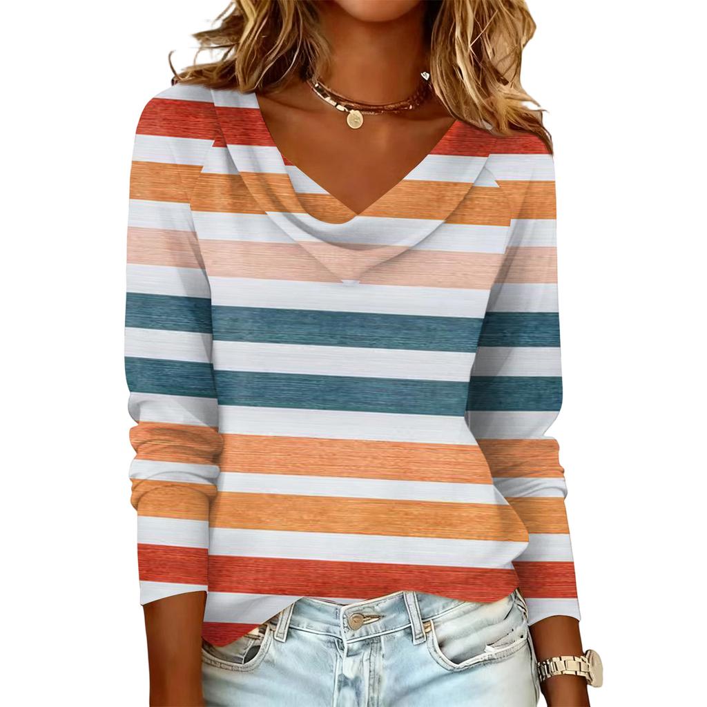 Damen gestreift bedrucktes lässiges und modisches Langarm-Pullover-Oberteil