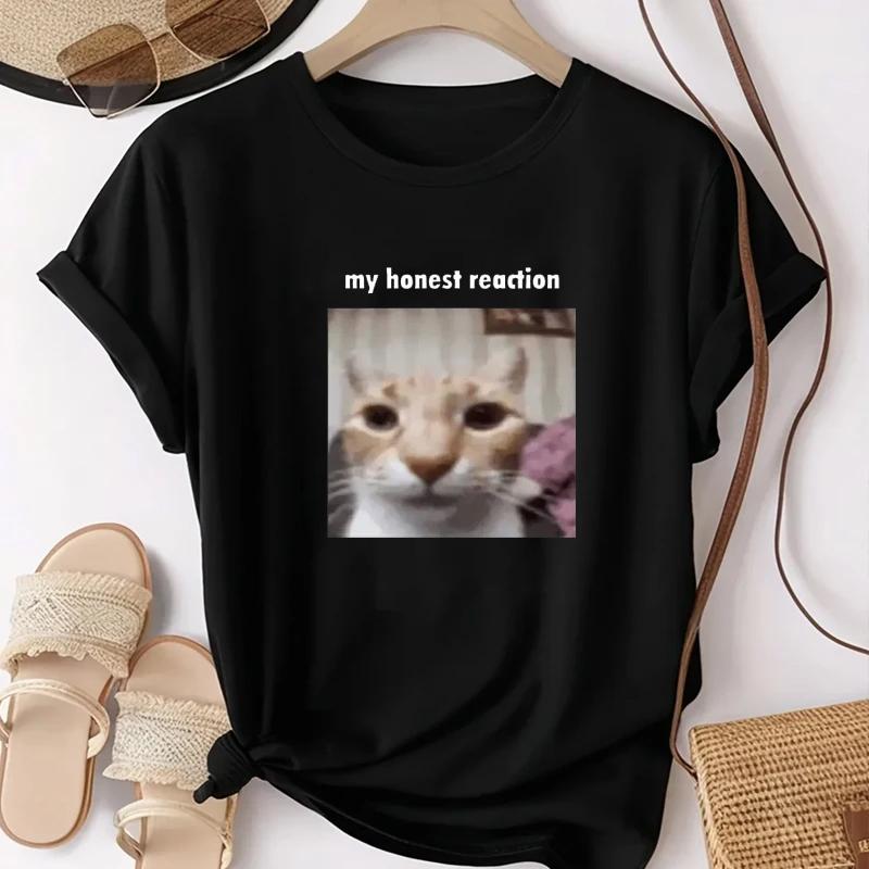

Funny My Honest Reaction Tshirts Cat Printed Tops Y2k TShirts Women Casual Short Sleeve Tees Joke Humor Summer Womens Clothing S