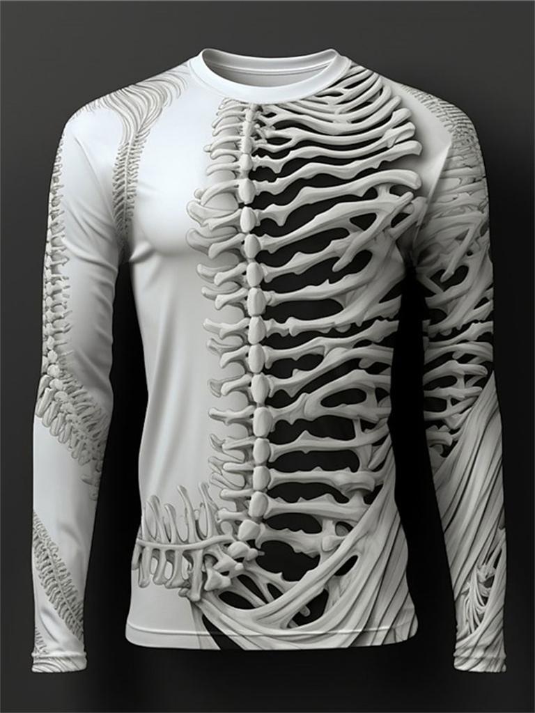 Lustiges Langarm-T-Shirt mit 3D-Totenkopf-Print für Herren, lässig, O-Ausschnitt, Baumwolle, lockere Oberteile, modische Kleidung mit menschlichem Knochenmuster, Herbst-T-Shirts
