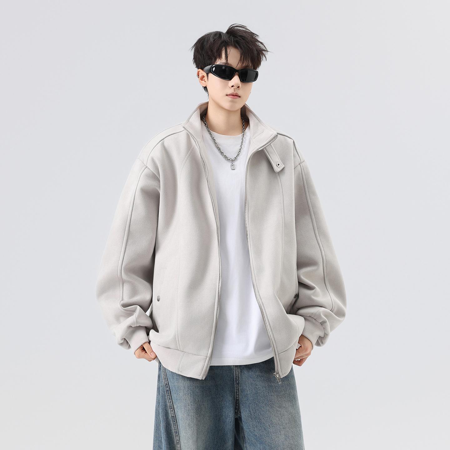 

Мужская куртка весна и осень американский ретро воротник-стойка модный бренд хулиганский красивый новая замшевая универсальная куртка 2XL (recommended 150-82.5 kg) серый