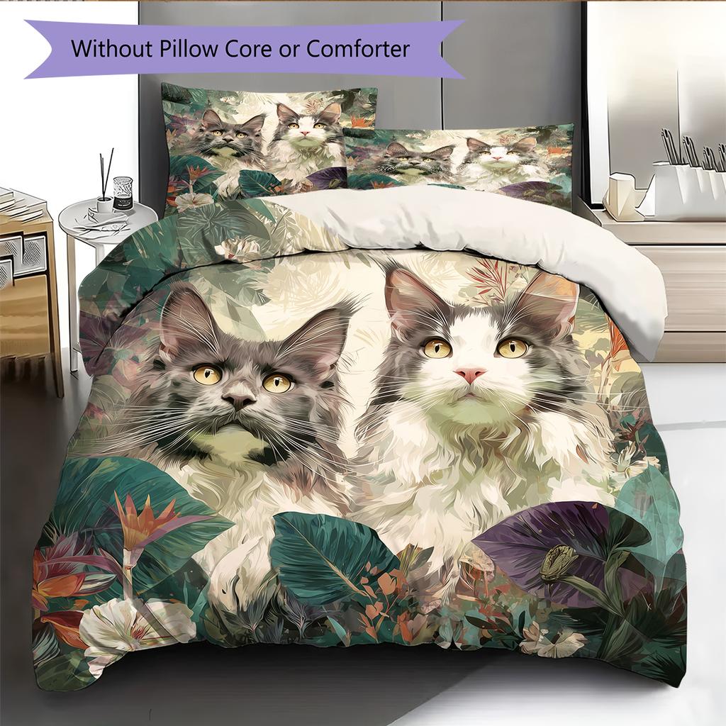 Maine Coon and Flowers Pattern Bedding Home Decoration Birthday Gift (1 * Duvet Cover + 2 * Pillowcase, Without Core)