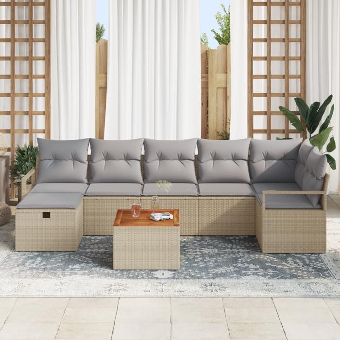 Ensemble de canapé de jardin 8 pièces avec coussins en rattan poly beige, Canapé de jardin 2 places avec coussins en rattan 3359546