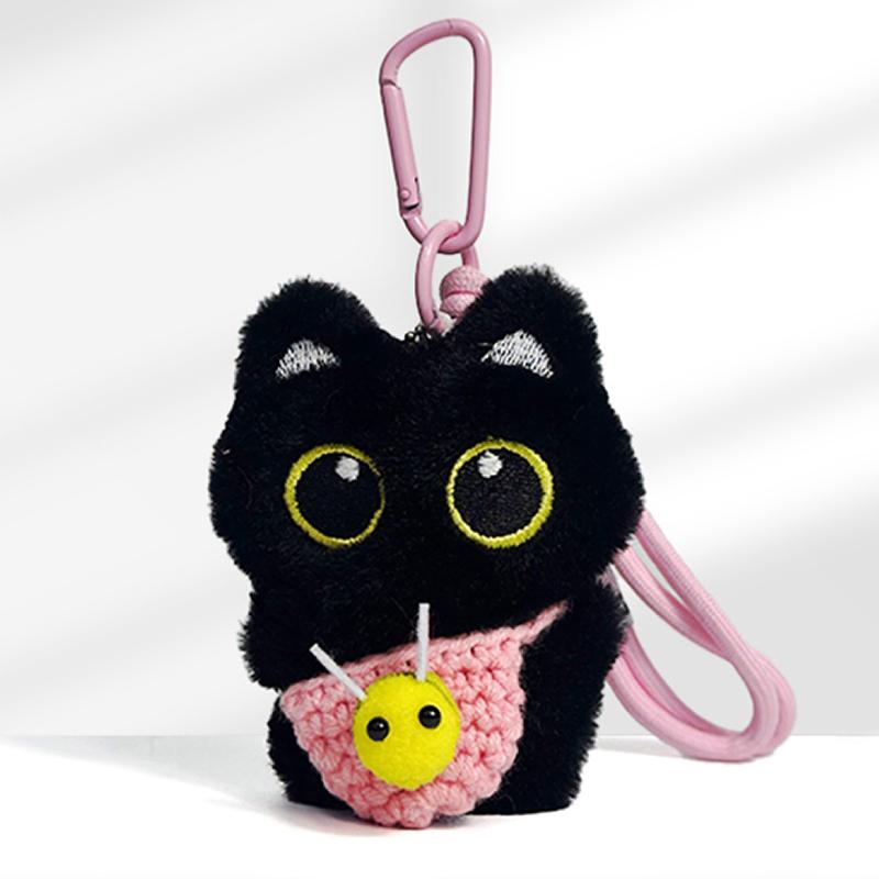 Cute Black Cat Keychain Pendant Backpack Hanging Plush Doll Kitty Cell Phone Charm Bag Keychain Halloween Pendant Keyring Decor