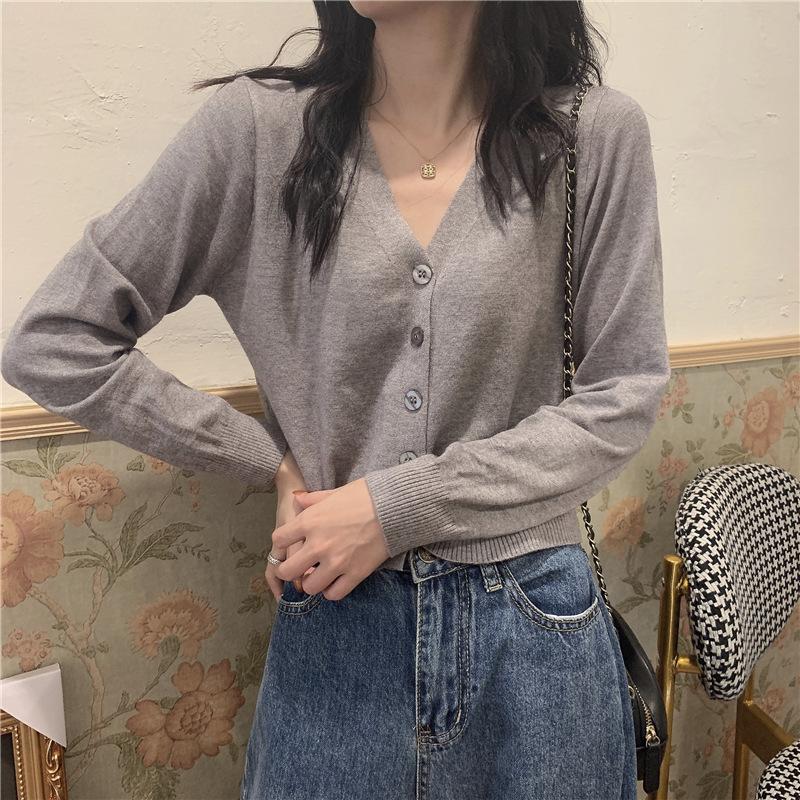 Korean Style Short V-neck Long Sleeve Thin Student Sweater for Women New Fashion Knitted Cardigan Coat Sweater