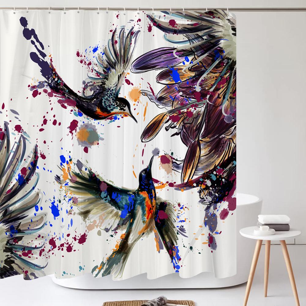 Feather Shower Curtains Printed Fabric Watercolor Flowers Bathroom Waterproof Polyester Bath Curtain Home Decoration with Hooks