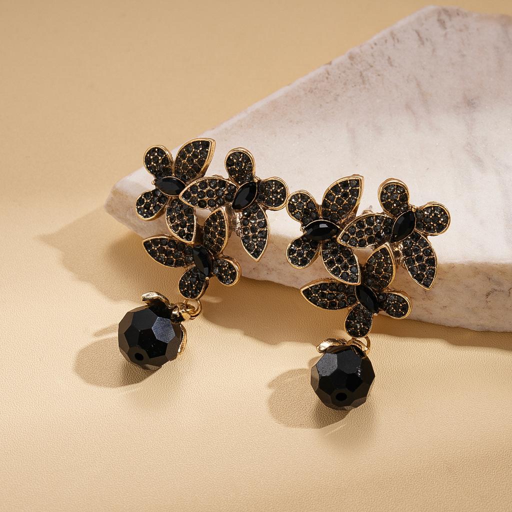 Dark Wind Diamond Glass Butterfly Flower Round Silver Needle Earrings Personalized Light Luxury Earrings