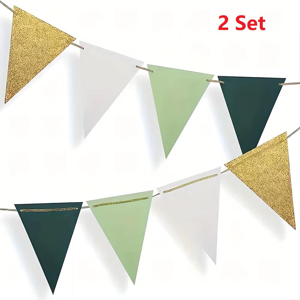 16pcs Gold And Green Triangular Flags, Baby Bride Gift Party, Birthday Party Decoration, Wedding Party Banner