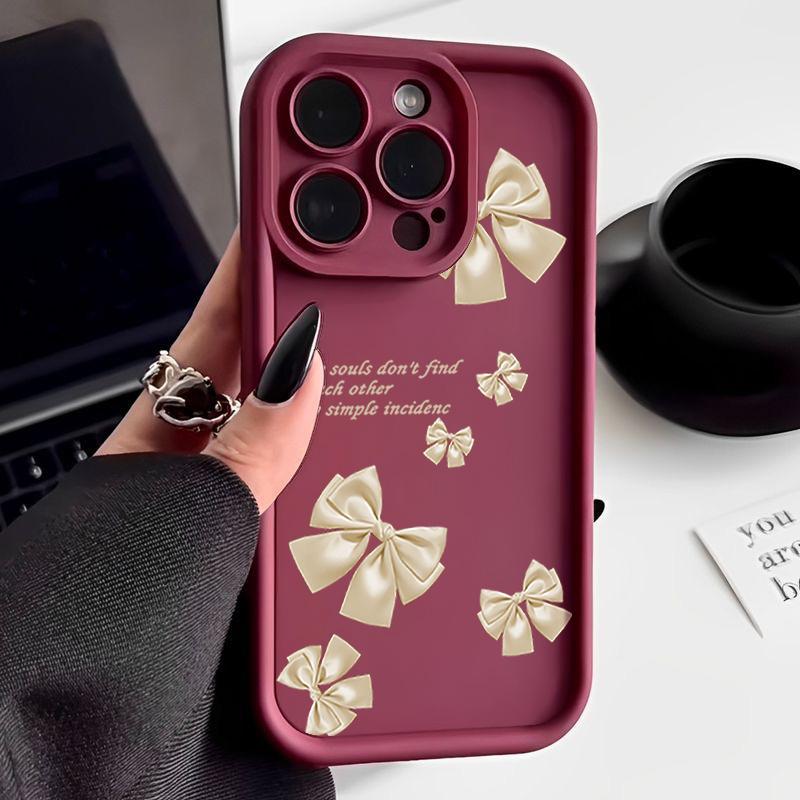 

Однотонный мягкий чехол из ТПУ с бантом для iPhone 16 Pro Max 15 Pro 14 13 12 11 XR XS 8 7, защитный матовый противоударный чехол для телефона iPhone 8 / 7 / SE 2 / SE 3 вино красного