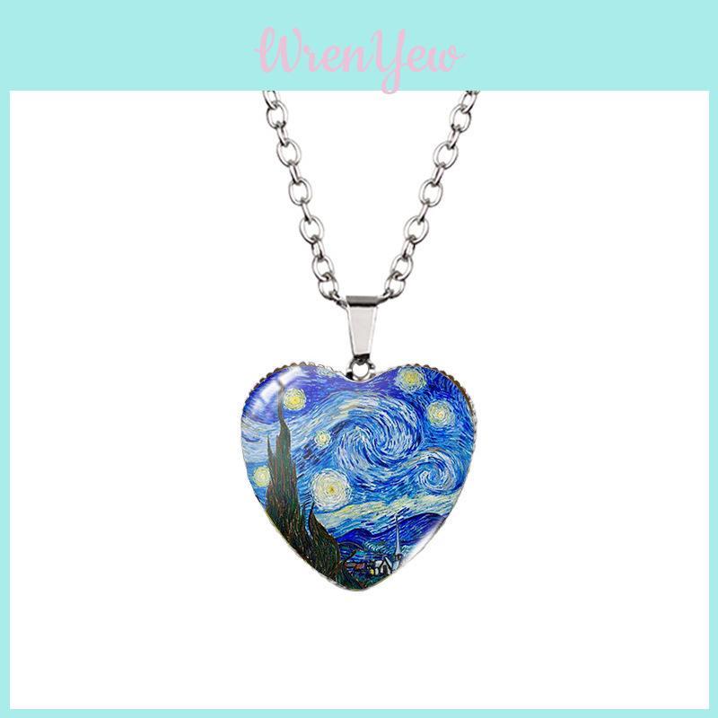 Beautiful Heart-shaped Necklace Featuring Van Gogh's Starry Night And Sunflower Design
