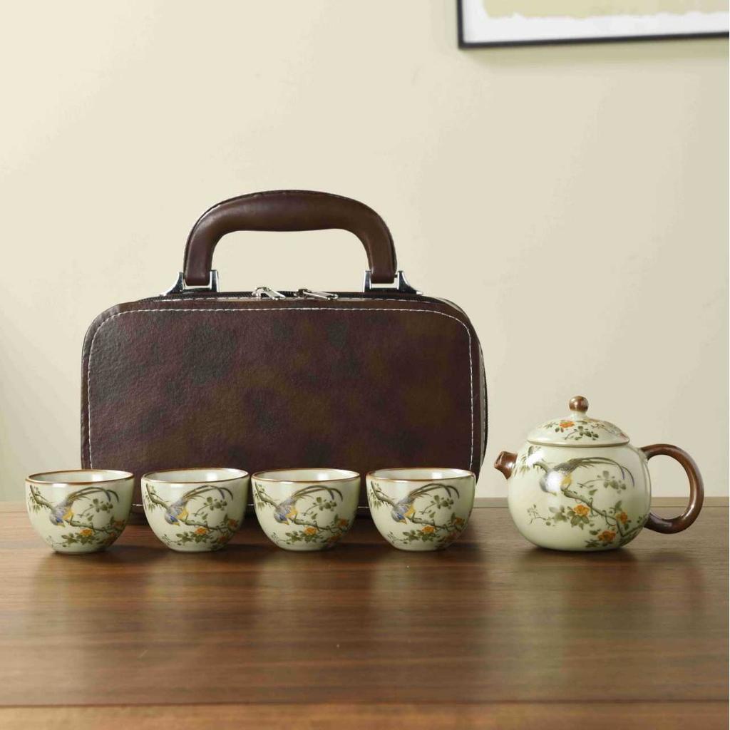 Ru Kiln Travel Tea Set One Pot Four Cups Retro Kung Fu Tea Set Ceramic Teapot Tea Cup Portable Outdoor Teaware Sets Leather Bag