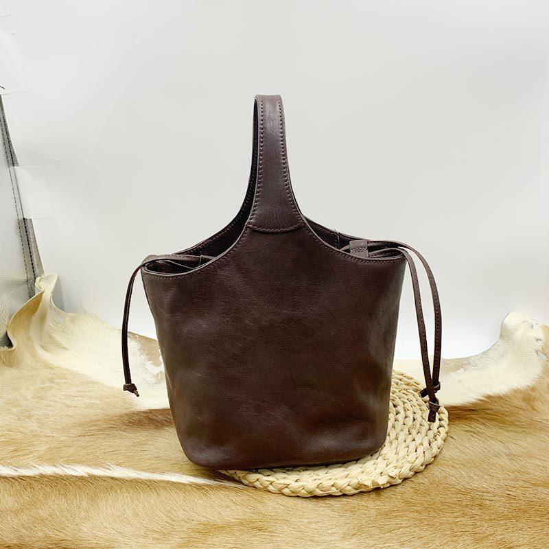Johnature Genuine Leather Retro Bucket Bag Commuter Large Capacity Soft Cowhide Solid Color Women's Shoulder Bag