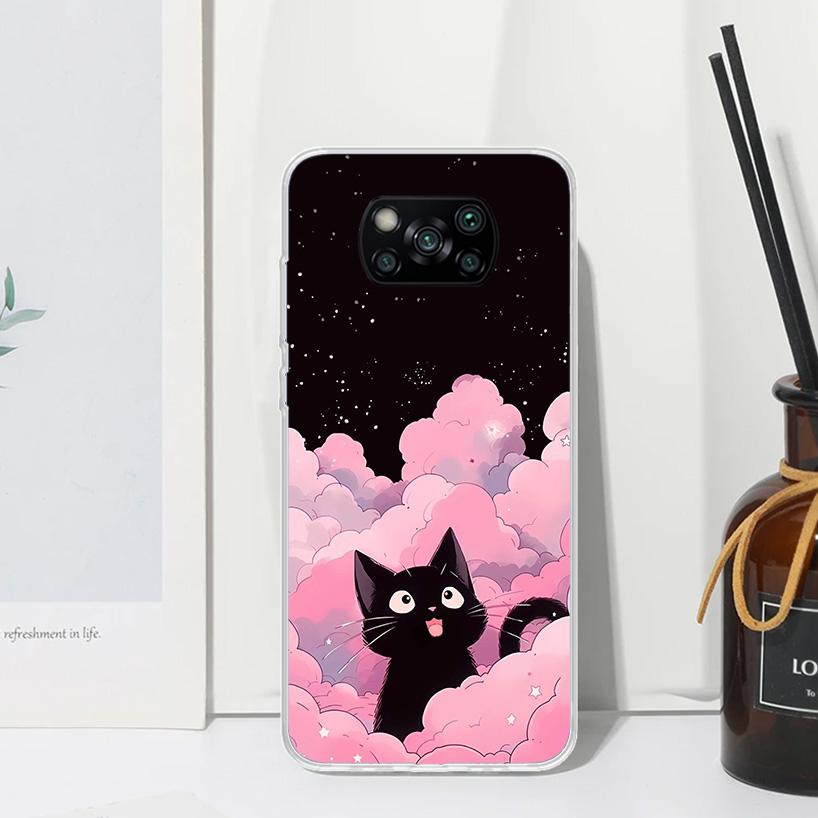 Anime Cute Black Cat Meow Phone Case For Xiaomi Poco X7 X6 X5 M7 M8 Pro F7 Ultra Redmi 15C 15 13C 13 12C 12 10 10C 10A Art Funda