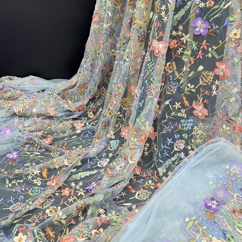 Color 3D Floral Embroidered Lace Tulle Mesh Fabric for Dress Diy Craft Wedding Dress Curtain Sewing Patchwork Clothing Material