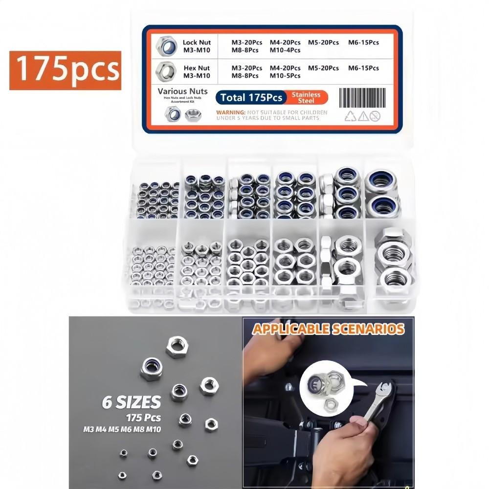 175PCS Nylon Insert Lock Locknuts Stainless Steel Assorted Sizes Screw Cap Assortment Kit Anti-Loose M3 M4 M5 M6 M8 M10 Hex Nuts