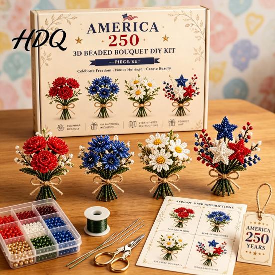 Small 3D Floral Arrangement America 250 Beaded Bouquet DIY Kit 4th of July Patriotic Flower Craft Fantasy Art Kit Handmade Set 1776-2026 Independence