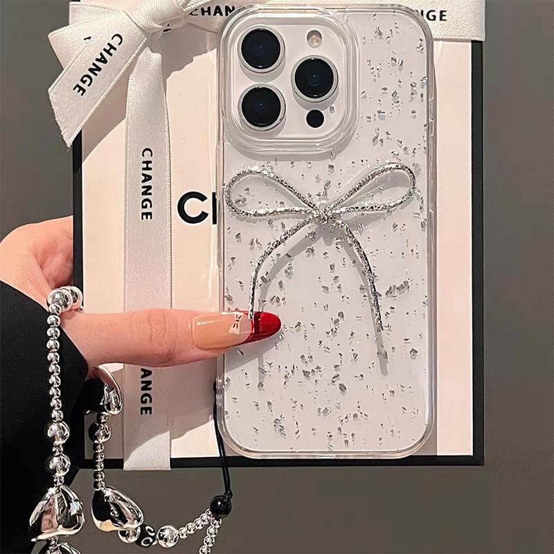 Simple Glue Sequin Bow for Apple 16 Promax Mobile Phone Case for IPhone 17 Transparent 13 Japanese and Korean 14